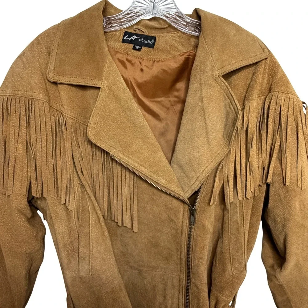 L.A. Studio Suede Fringe Zip Front Tie Belt Jacket Tan Western Boho‎ Festival S - Picture 11 of 16